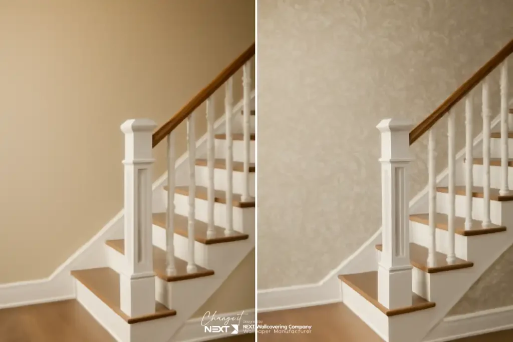 قبل و بعد کاغذ دیواری راه پله