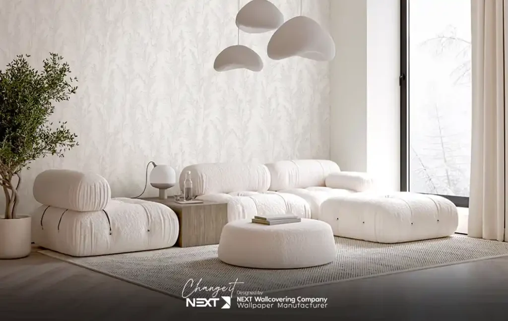 ست دکوراسیون سفید کرم با کاغذدیواری