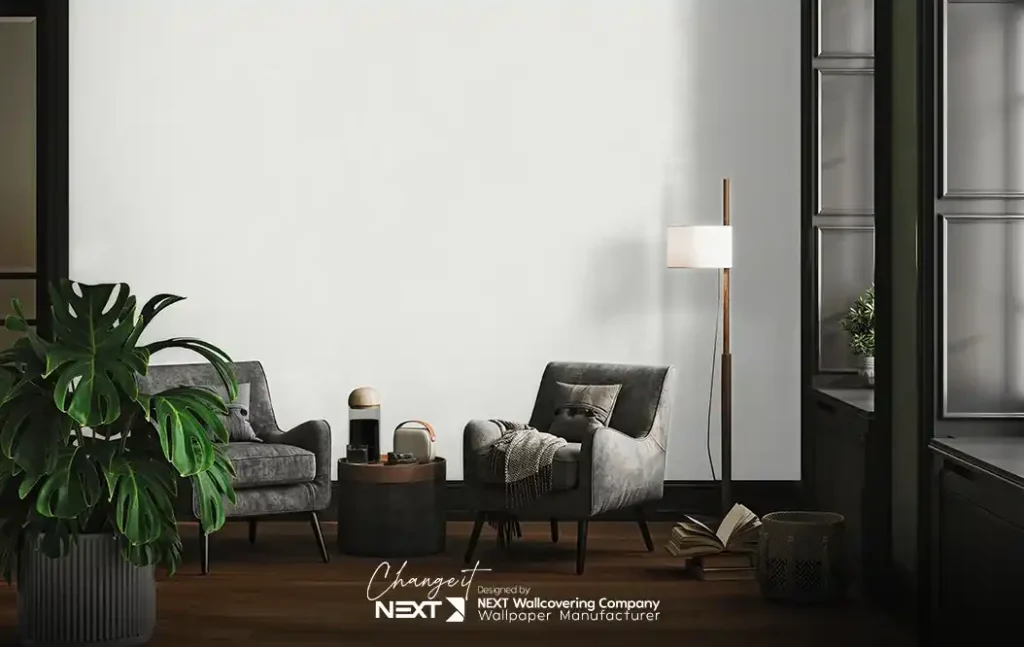 ست دکوراسیون مبل طوسی با کاغذ دیواری سفید