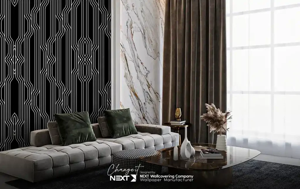 کوراسیون مبل طوسی با کاغذ دیواری هندسی با اشکال و خطوط مشکی رنگی